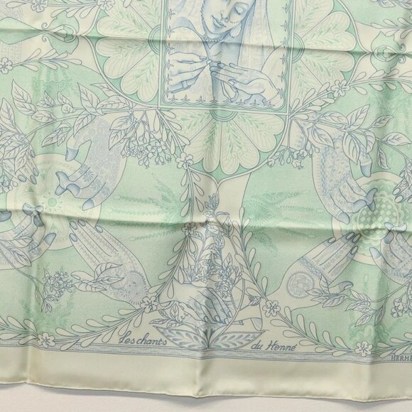 HERMES Carre 90 Scarf ""Les chants du Henne"" Silk Peppermint Auth am8731 - Picture 13 of 15